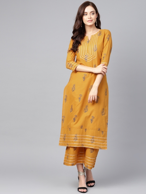 

Yufta Women Mustard Yellow & Navy Blue Printed Kurta with Palazzos