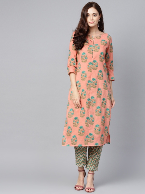 

Yufta Women Peach-Coloured & Green Printed Kurta with Trousers