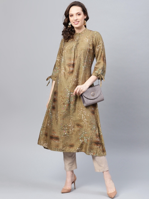 

Yufta Women Olive Green Printed A-Line Kurta