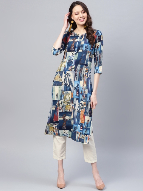 

Yufta Women Navy Blue & Beige Printed Straight Kurta