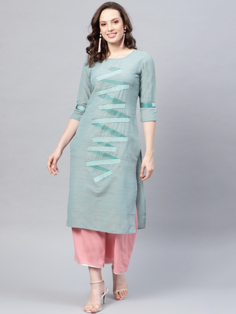 

Yufta Women Green Embroidered Straight Kurta