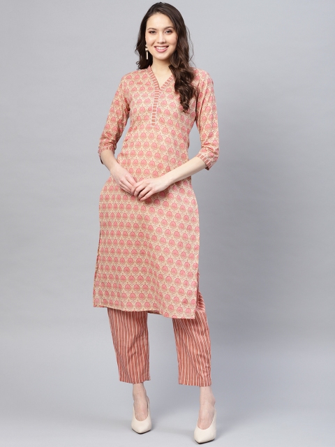 

Yufta Women Beige & Pink Printed Kurta with Trousers