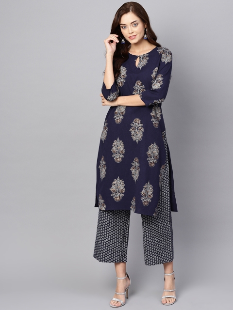 

anayna Women Navy Blue & White Printed Kurta with Palazzos