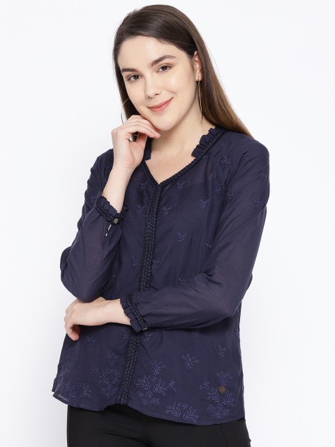 

ONLY Women Navy Blue Embroidered Semi-Sheer Top