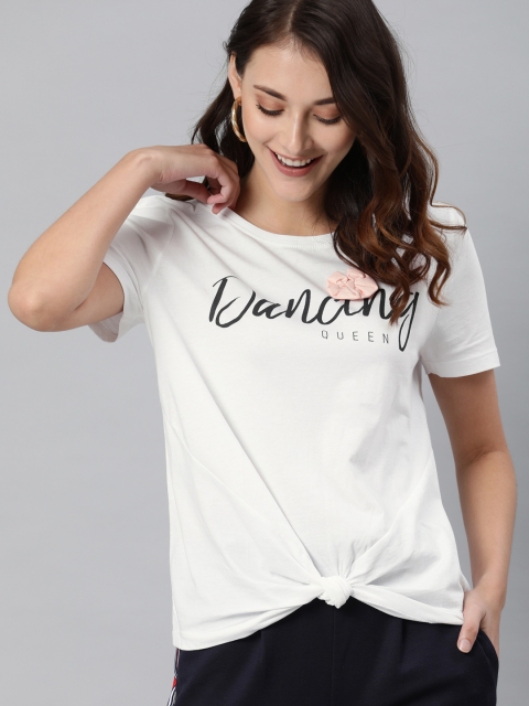 

ONLY Women White Printed Round Neck Twisted T-shirt