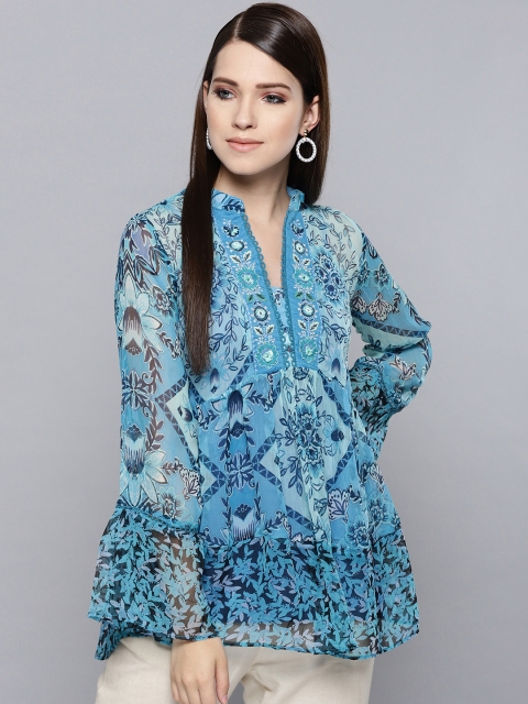 

Label Ritu Kumar Women Blue Printed A-Line Top