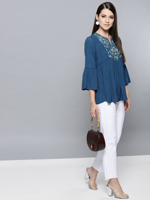 

Label Ritu Kumar Women Teal Blue Embroidered Detail A-Line Top