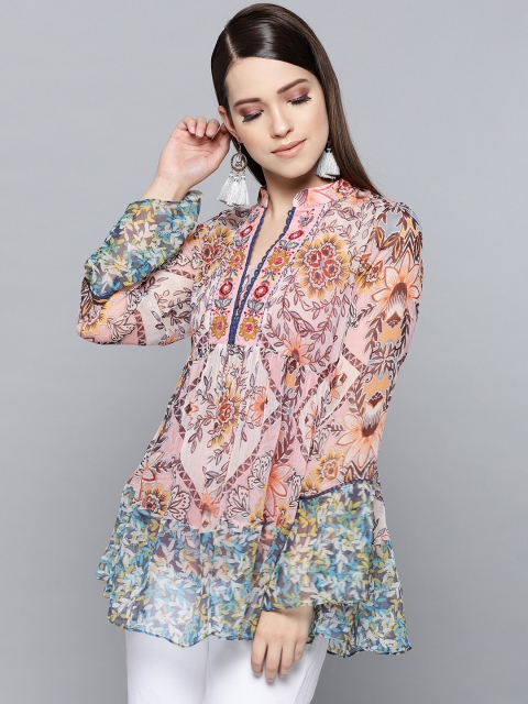 

Label Ritu Kumar Women Pink & Blue Printed A-Line Top