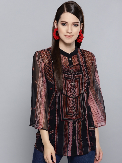 

Label Ritu Kumar Women Black & Pink Printed Sheer Casual Shirt