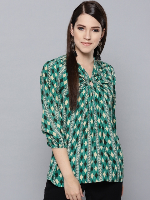 

Label Ritu Kumar Women Green & Beige Printed A-Line Top