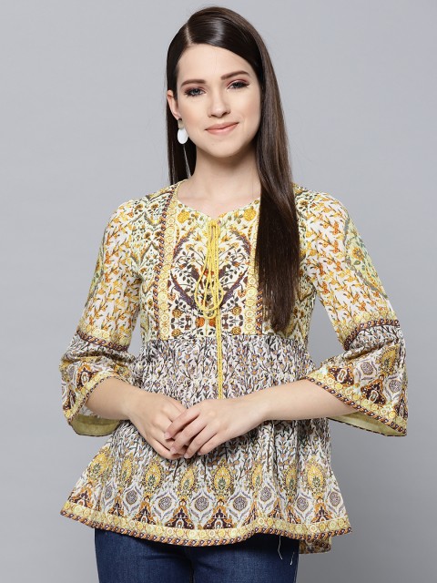 

Label Ritu Kumar Women Off-White & Yellow Printed A-Line Pure Cotton Top