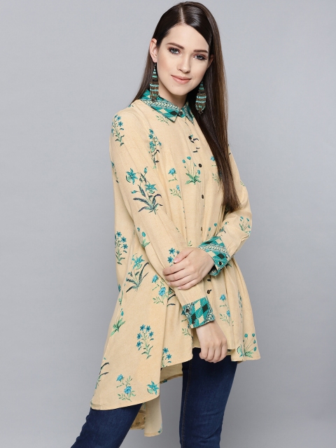 

Label Ritu Kumar Women Beige & Blue Regular Fit Printed High-Low Casual Shirt