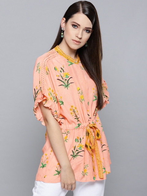

Label Ritu Kumar Women Peach-Coloured & Green Printed Cinched Waist Top