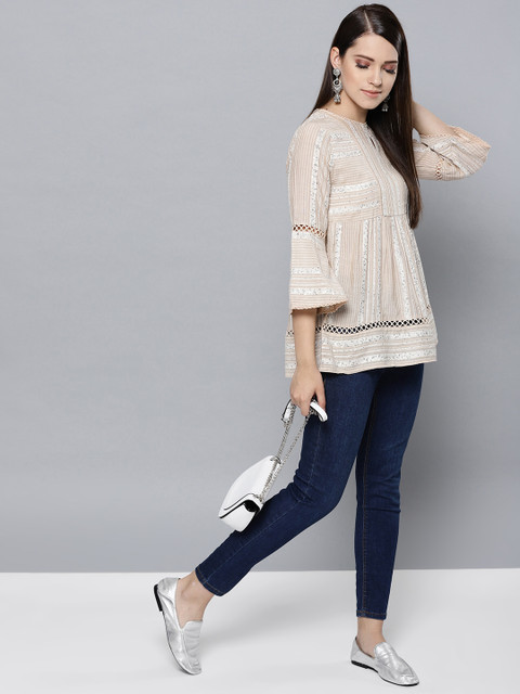 

Label Ritu Kumar Women Beige Striped A-Line Top