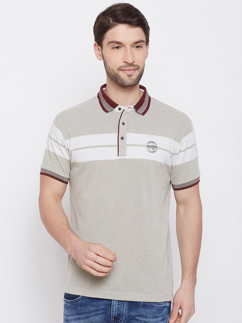 

Duke Men Beige Striped Polo Collar T-shirt