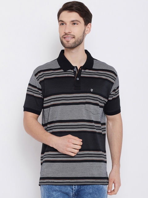 

Duke Men Black Striped Polo Collar T-shirt