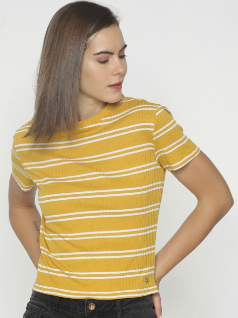 

ONLY Women Yellow Striped Round Neck T-shirt