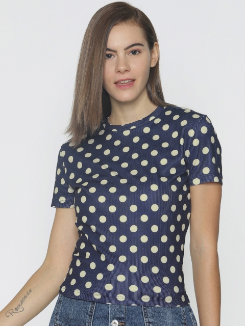 

ONLY Women Blue Printed Round Neck T-shirt