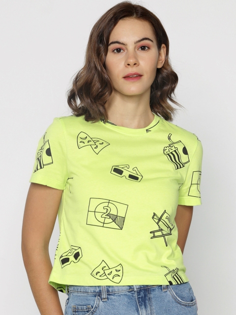 

ONLY Women Fluorescent Green Printed Round Neck T-shirt