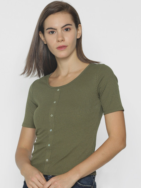 

ONLY Women Olive Solid Scoop Neck T-shirt