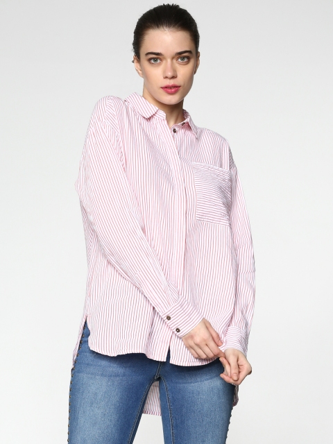 

ONLY Women White & Pink Boxy Striped Casual Shirt