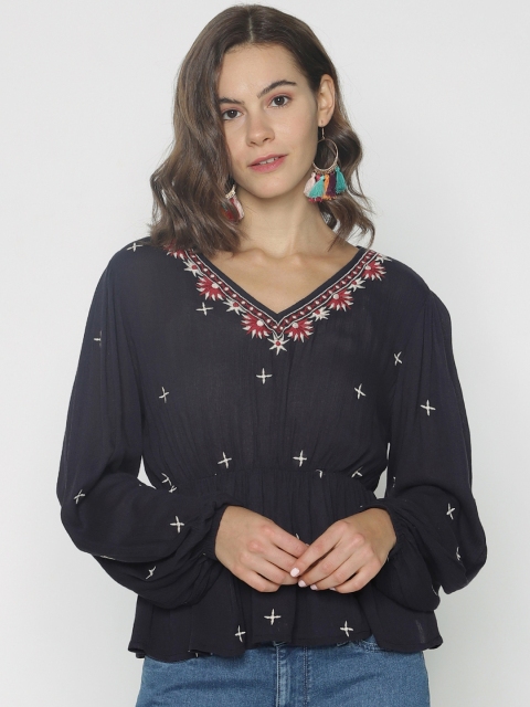 

ONLY Women Navy Blue Embroidered Top