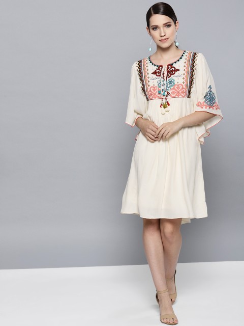 

Label Ritu Kumar Women Off-White Embroidered Detail Empire Dress