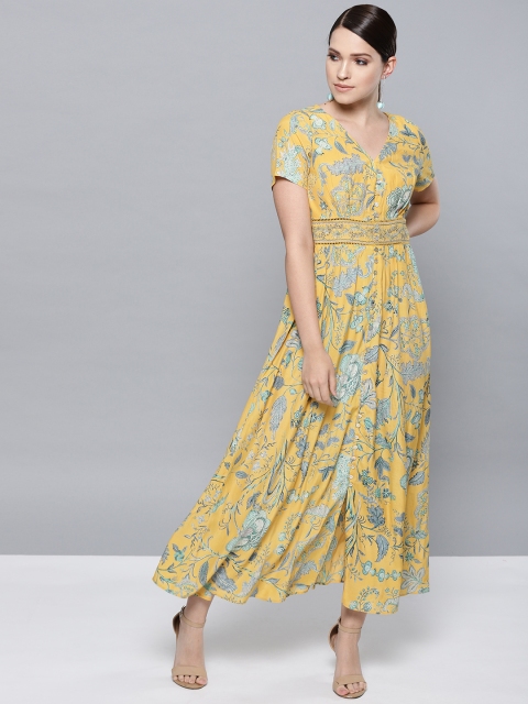 

Label Ritu Kumar Women Yellow & Green Printed A-Line Dress