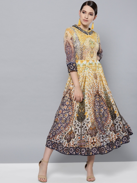 

Label Ritu Kumar Women Yellow & Purple Printed A-Line Dress