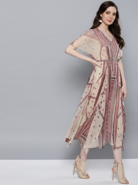 

Label Ritu Kumar Women Cream-Coloured Printed Fit and Flare Dress