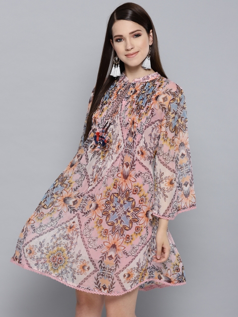 

Label Ritu Kumar Women Pink & Navy Printed A-Line Dress