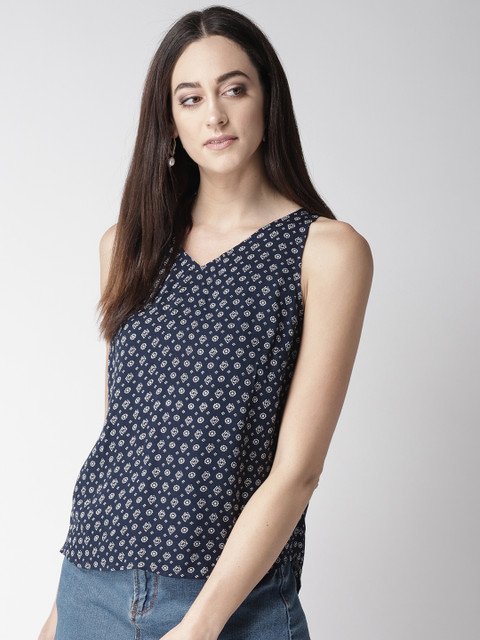 

MIWAY Women Navy Blue & Off-White Printed Styled Back Top