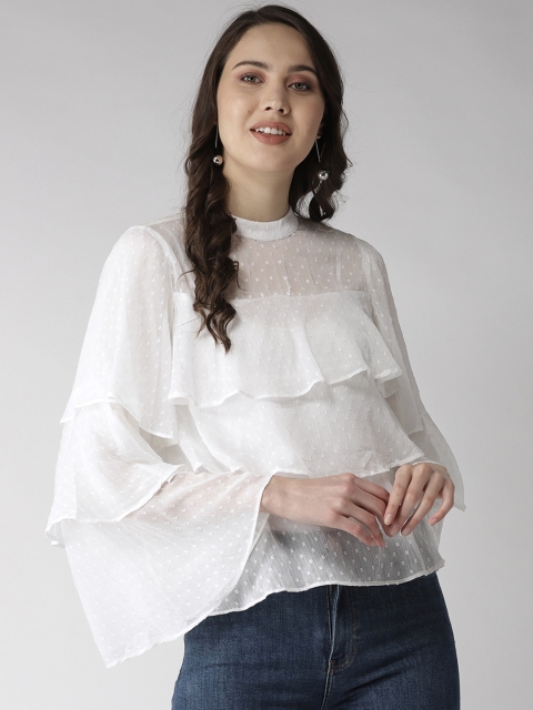 

MIWAY Women White Self-Design Ruffled Top