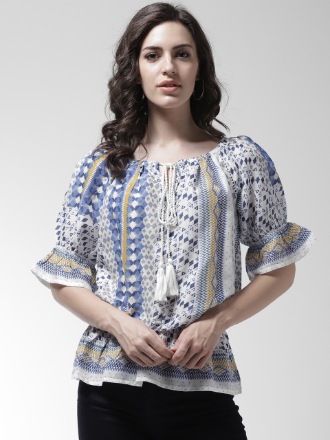 

MIWAY Women White & Blue Printed Cinched Waist Top