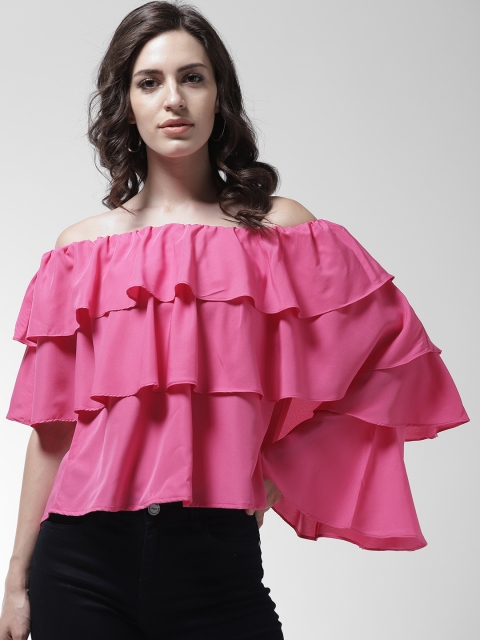 

MIWAY Women Pink Solid Ruffled Bardot Top