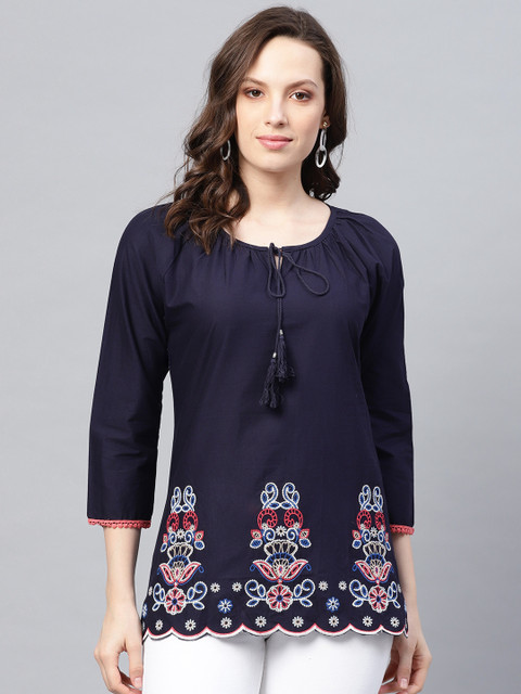 

Bhama Couture Women Navy Blue Embroidered Top