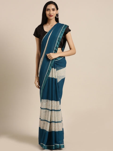 

Saree Swarg Cream-Coloured & Blue Poly Georgette Printed Saree