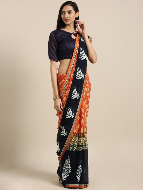 

Saree Swarg Navy Blue & Cream-Coloured Poly Georgette Printed Saree