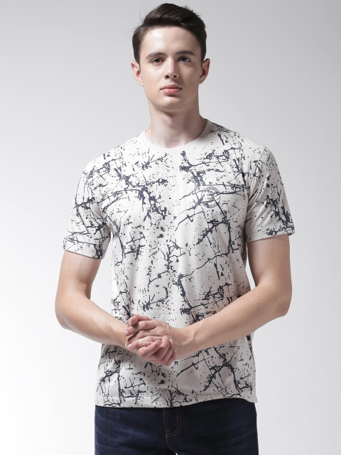 

Richlook Men Grey Melange & Navy Blue Printed Round Neck T-shirt