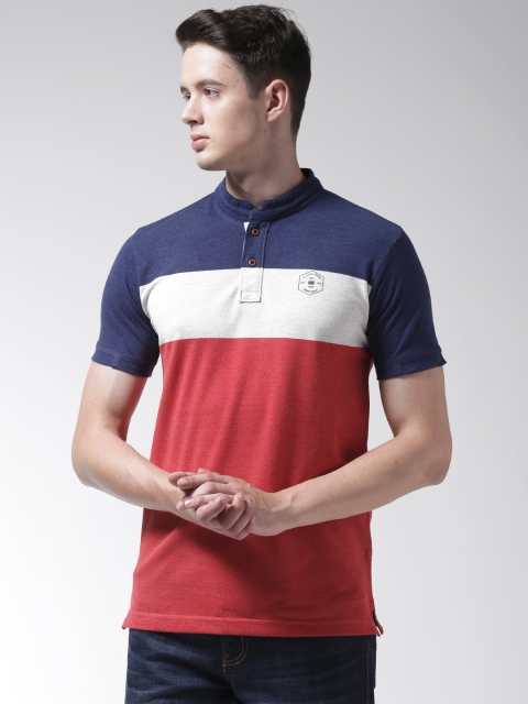 

Richlook Men Navy Blue & Red Colourblocked Henley Neck T-shirt