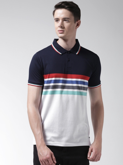 

Richlook Men Navy Blue & White Striped Polo Collar T-shirt