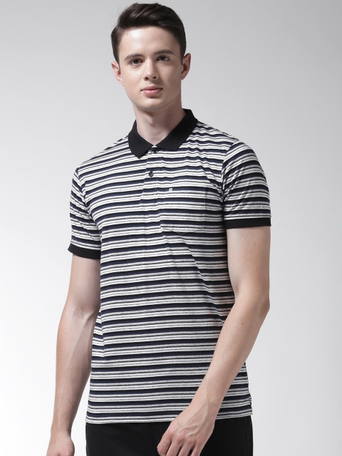 

Richlook Men White & Navy Blue Striped Polo Collar T-shirt