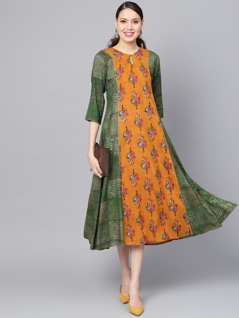 

Juniper Women Mustard Yellow & Green Printed A-Line Dress