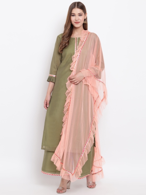 

Shakumbhari Women Green & Pink Solid Kurta with Palazzos & Dupatta