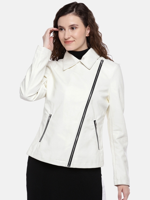 

Globus Women Cream-Coloured Solid Biker Jacket