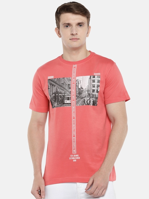 

Globus Men Coral Pink Printed Round Neck T-shirt