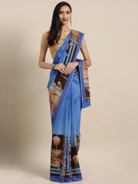 

Satrani Blue Printed Poly Georgette Saree