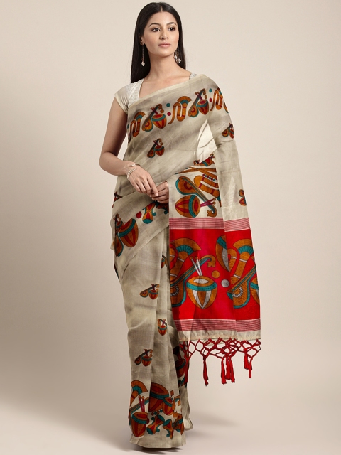 

Satrani Beige Printed Poly Silk Saree