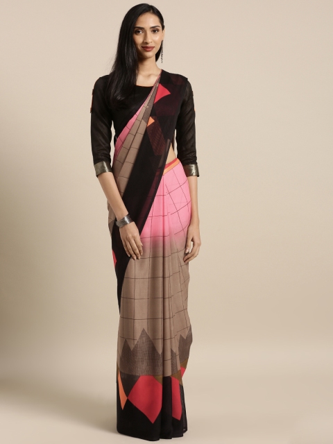 

Satrani Pink & Brown Poly Georgette Checked Saree