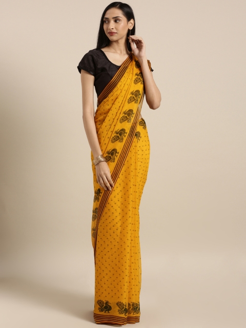 

Satrani Mustard Yellow & Green Printed Poly Chiffon Saree